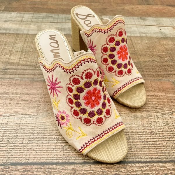 Sam Edelman Tan Floral Embroidered Open Toe Slip On Block Heel Shoes- Size 7 Online now