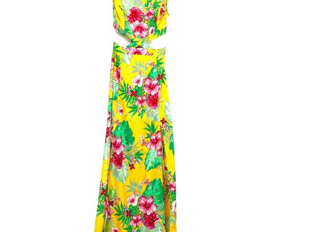 Impressions Yellow Hawaiian Print Cut Out Back Tie Double Front Slit Dress NWT- Size S For Discount