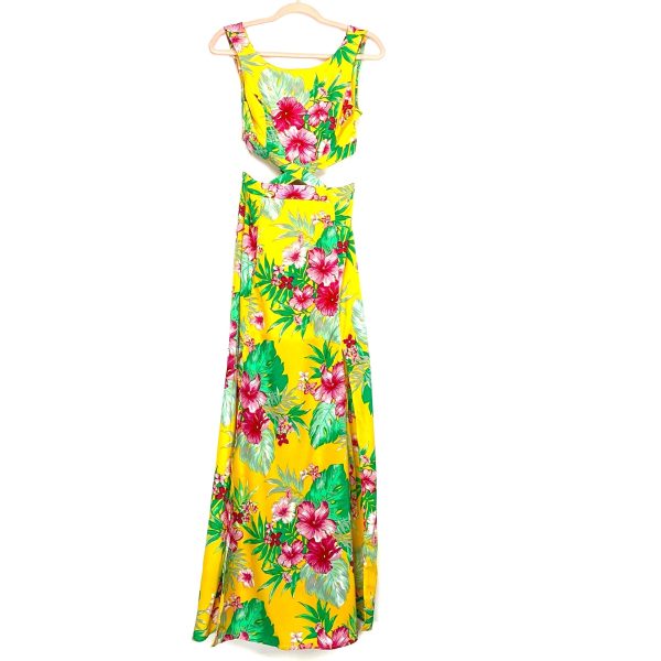 Impressions Yellow Hawaiian Print Cut Out Back Tie Double Front Slit Dress NWT- Size S For Discount