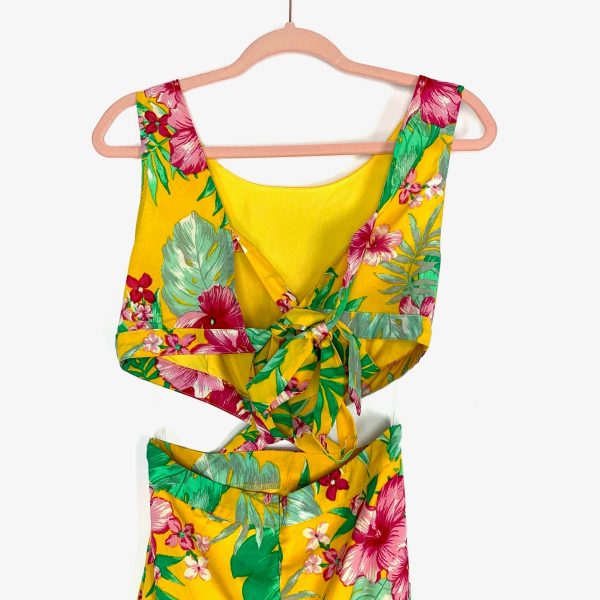 Impressions Yellow Hawaiian Print Cut Out Back Tie Double Front Slit Dress NWT- Size S For Discount