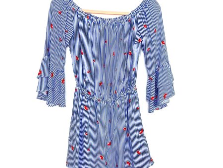 Soprano Blue and White Striped with Watermelon Print Off the Shoulder Romper- Size S Fashion