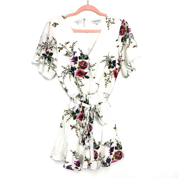 Davi & Dani Floral Belted V-Neck Front Snap Romper- Size S Hot on Sale