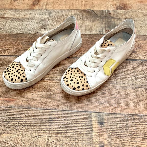 Dolce Vita White Laura Leopard Calf Hair Toe, Yellow Accents, Iridescent Heel Tab Sneakers- Size 7 Fashion